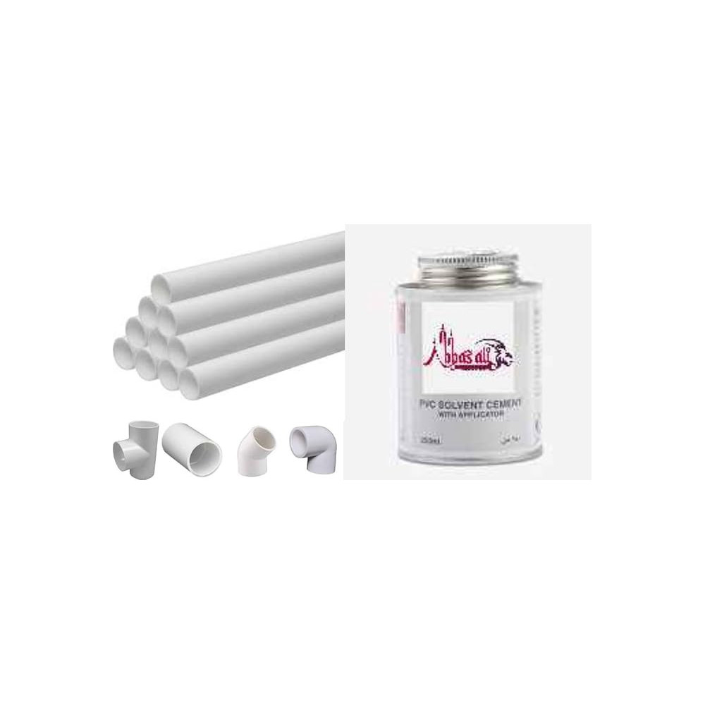 Abbas Ali 90cm PVC Pipe White, Pack of 4 with PVC Socket, 45 Degree Elbow, 90 Degree Elbow, PVC Tee, and Small PVC Glue for DIY Projects, 1 inch