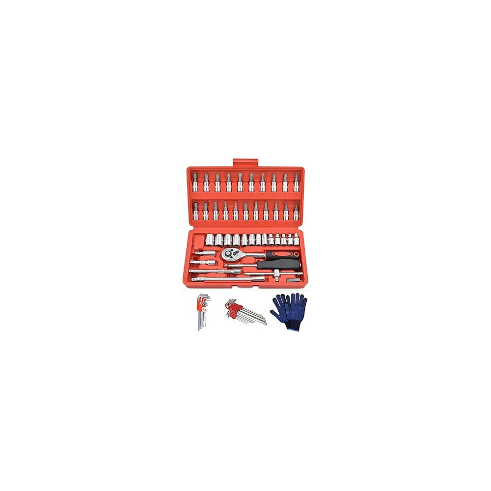 Abbas Ali 46 Piece 1/4 inch Drive Socket Ratchet Wrench Set with Metric And Bit Sockets, Allen Key Set, and Gloves, DIY And Auto Repair