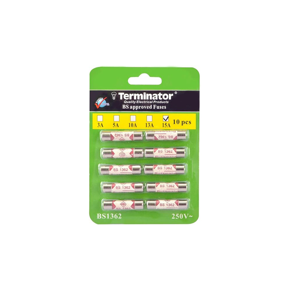Terminator Porcelain Ceramic Fuse, 10 Pcs Pack, 6x25mm Fast Blow, 15A