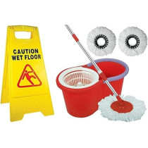 Abbas Ali Wet Floor Caution Sign with 360 Degree Mop Bucket Set, 3 Cleaning Heads