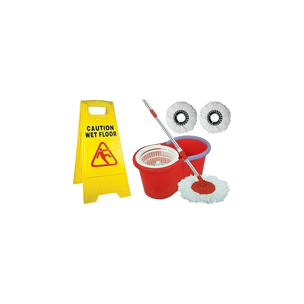 Abbas Ali Wet Floor Caution Sign with 360 Degree Mop Bucket Set, 3 Cleaning Heads