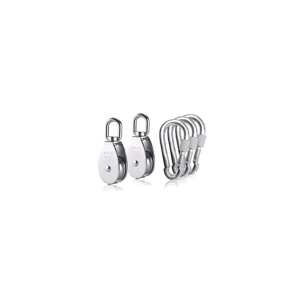 Abbasali 2Pcs M25 Single Pulley Block with 3Pcs Spring Snap Hook Carabiner, 304 Stainless Steel Pulley Roller And 6mm Spring Snap Hooks, 150 Kg Capacity