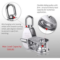 Abbasali 2Pcs M25 Single Pulley Block with 3Pcs Spring Snap Hook Carabiner, 304 Stainless Steel Pulley Roller And 6mm Spring Snap Hooks, 150 Kg Capacity
