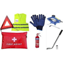Abbasali Safety Pack for Car, SUV And Other Vehicles, Safety Jacket, Gloves, Scissor Jack, Safety Triangle, Wheel Spanner, First Aid Pouch And Fire Extinguisher 1kg