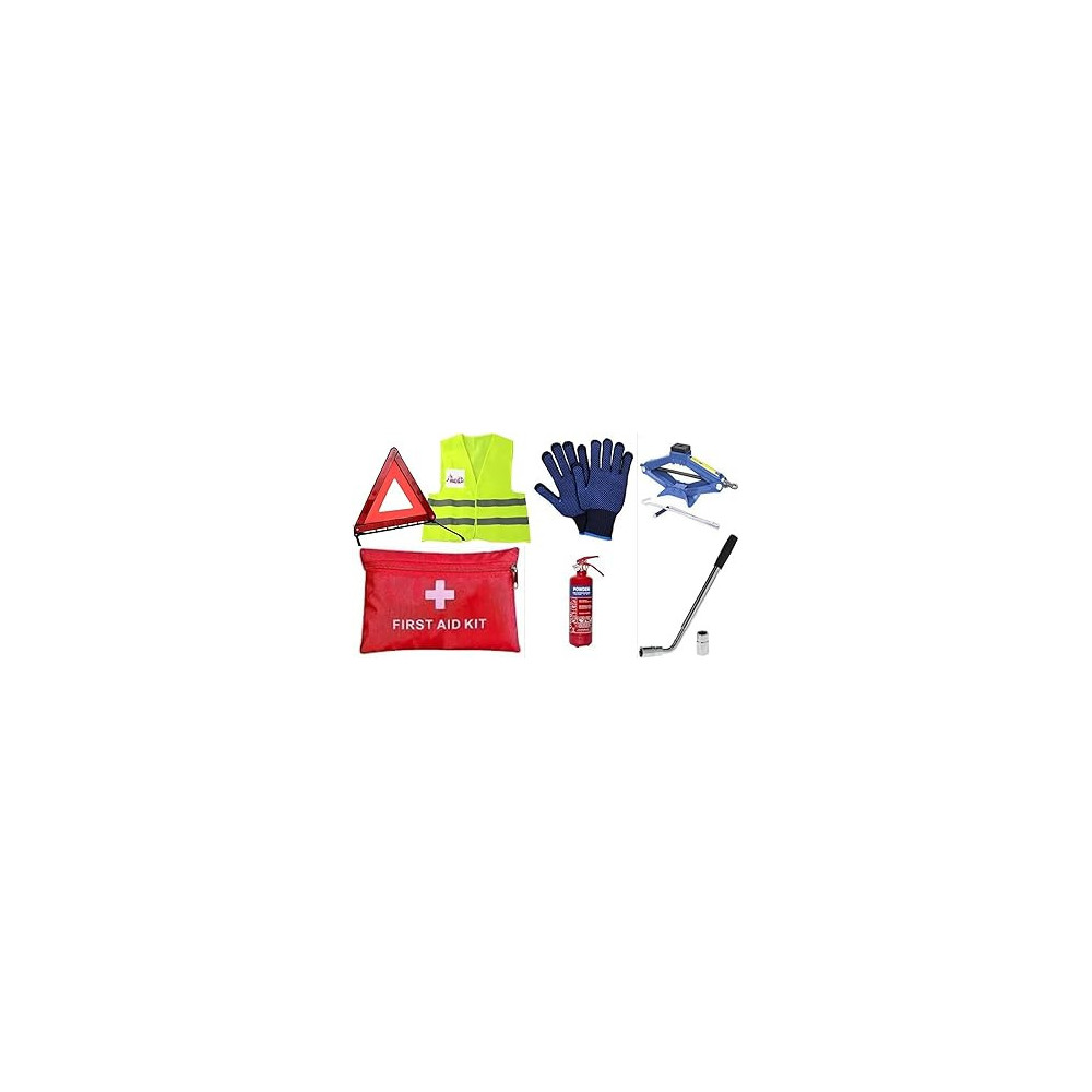 Abbasali Safety Pack for Car, SUV And Other Vehicles, Safety Jacket, Gloves, Scissor Jack, Safety Triangle, Wheel Spanner, First Aid Pouch And Fire Extinguisher 1kg