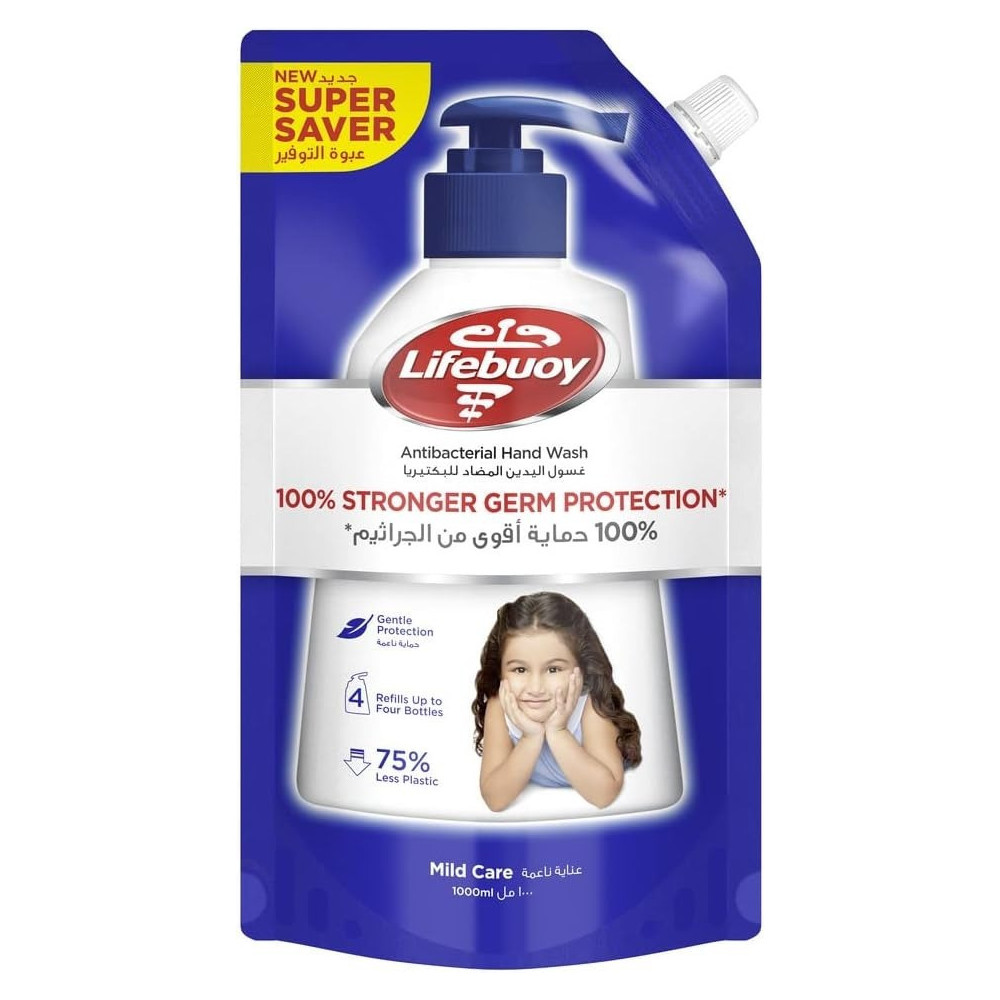 Lifebuoy Antibacterial Hand Wash Refill Pouch, Mild Care 100% Stronger Germ Protection, 1 Liter