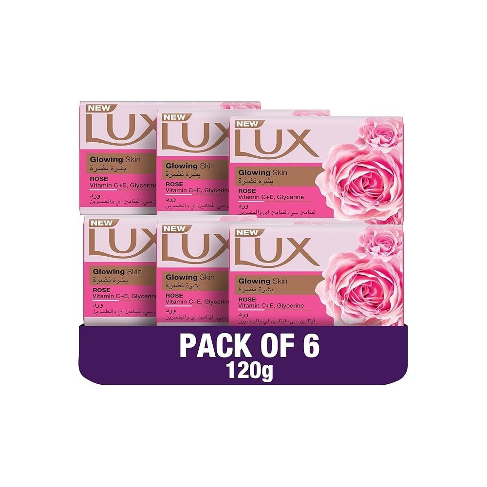 Lux Bar Soap For Glowing Skin, Rose With Vitamin C, E, And Glycerine, 120G (Pack Of 6)