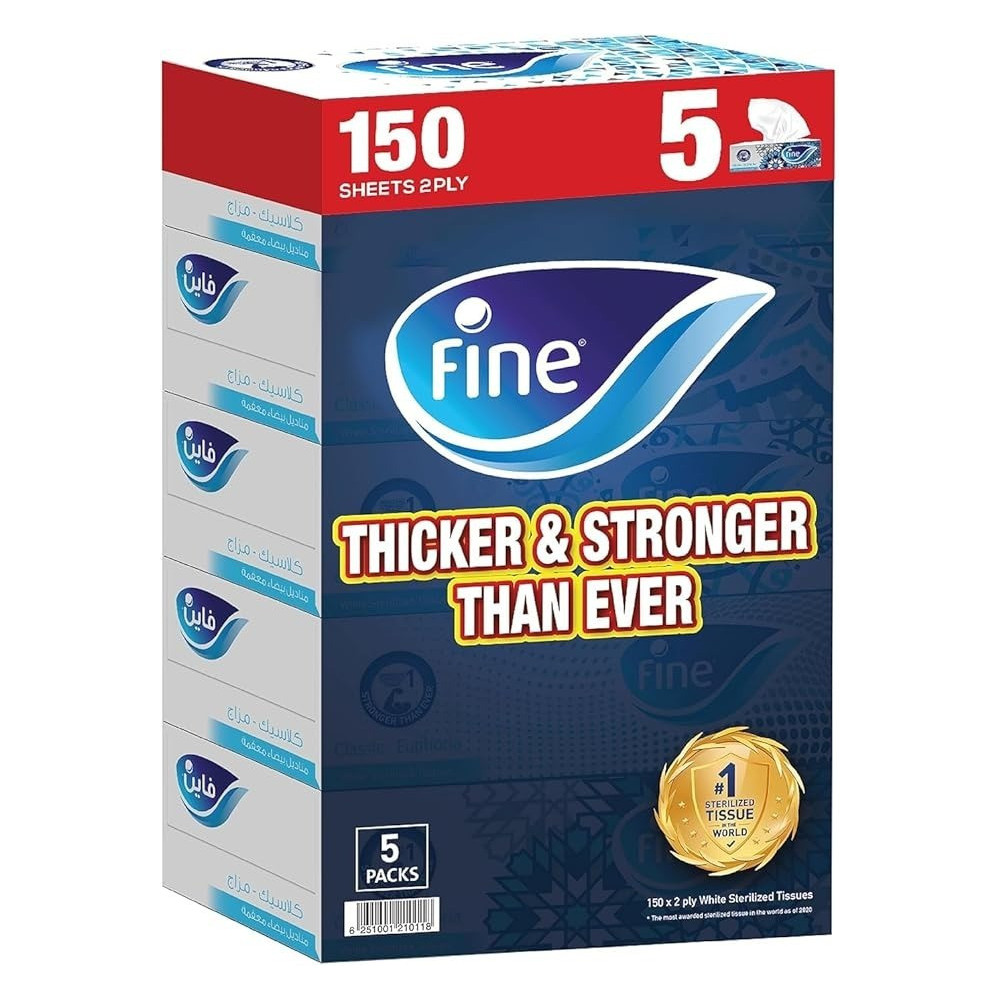 Fine Facial Tissue Boxes, 5 Box, 2 Ply X 150 Sheets With Cotton Feel Tissues Suitable For All Skin