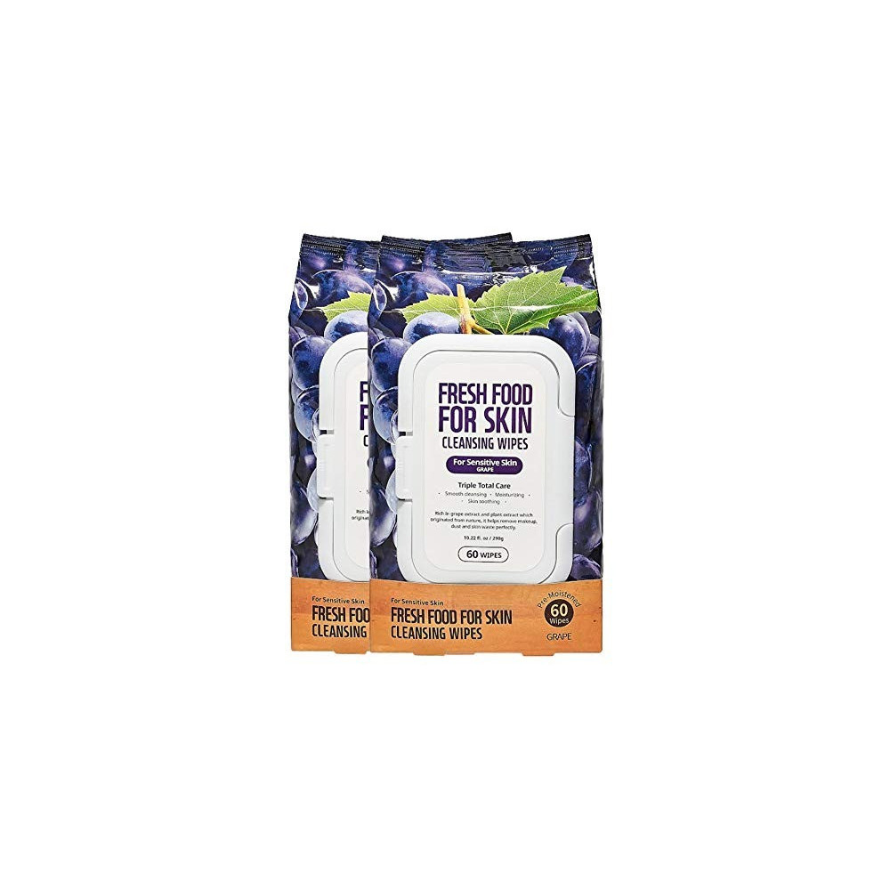 Farmskin Freshfood For Skin Facial Cleansing Wipes Makeup Daily Remover Grape For Sensitive Skin, 60 Count (Pack Of 2)