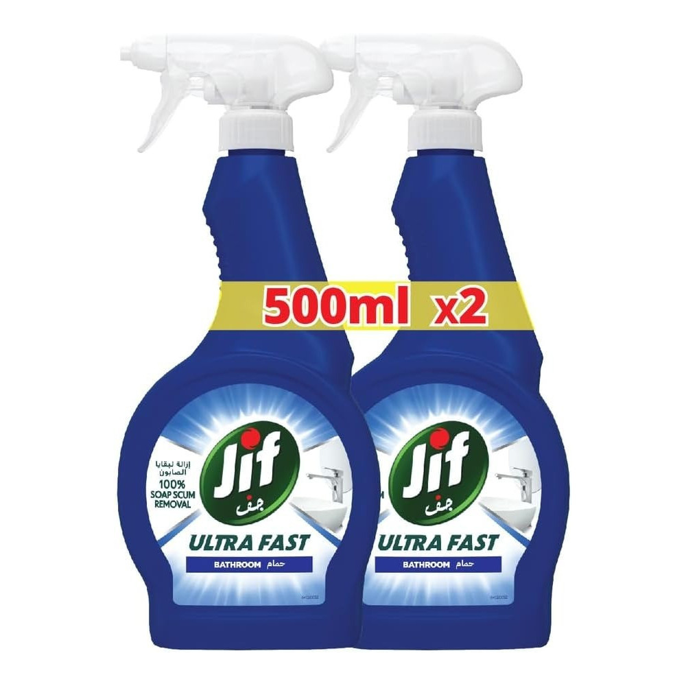 Jif Ultra Fast Cleaner Spray For Bathroom, 100 Percentage Soap And Limescale Removal, 500Ml X 2