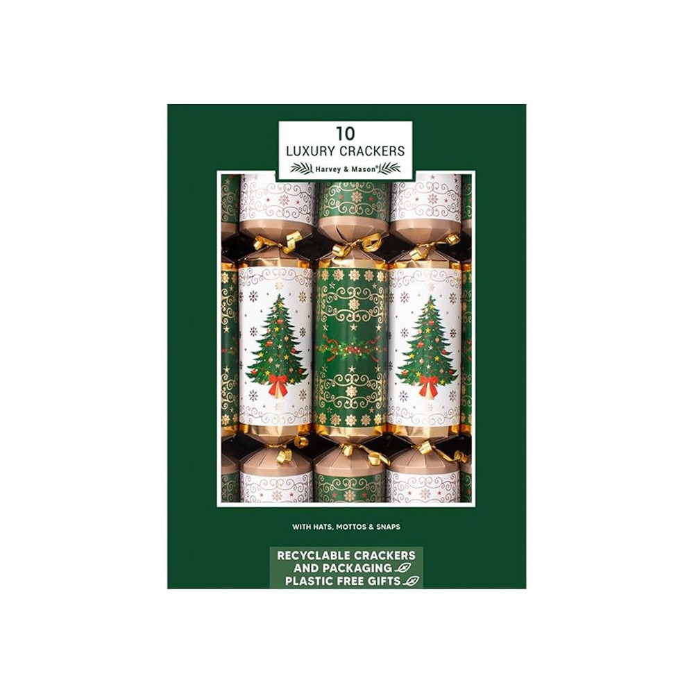 Harvey & Mason Christmas Crackers 10 Pack Family Plastic Free And Recyclable, 36Cm, Green/White