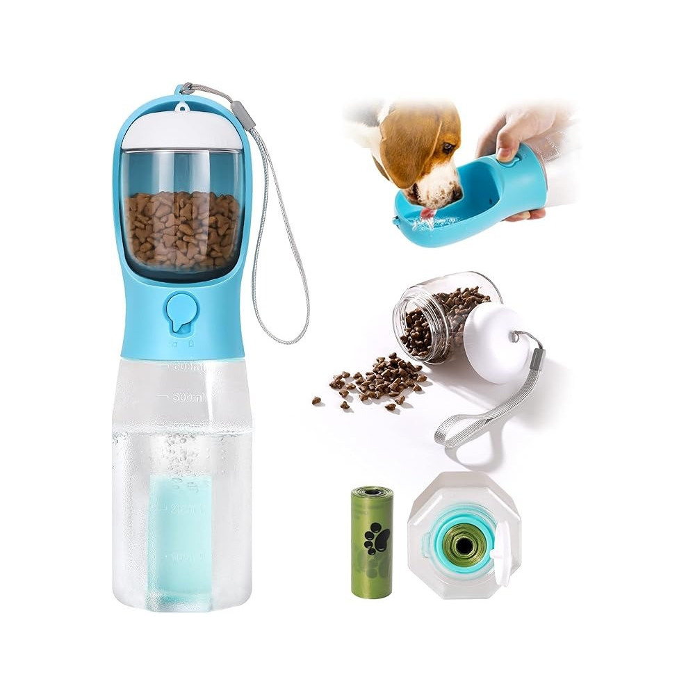 Snlkml Dog Water Bottle Portable, 3-In-1 Dog Water Bottle With Food Container And Replaceable Waste Bags, Leak Proof, Dishwasher Safe, Water Bottle For Dogs On The Go Outdoor Hiking Travel (20Oz)