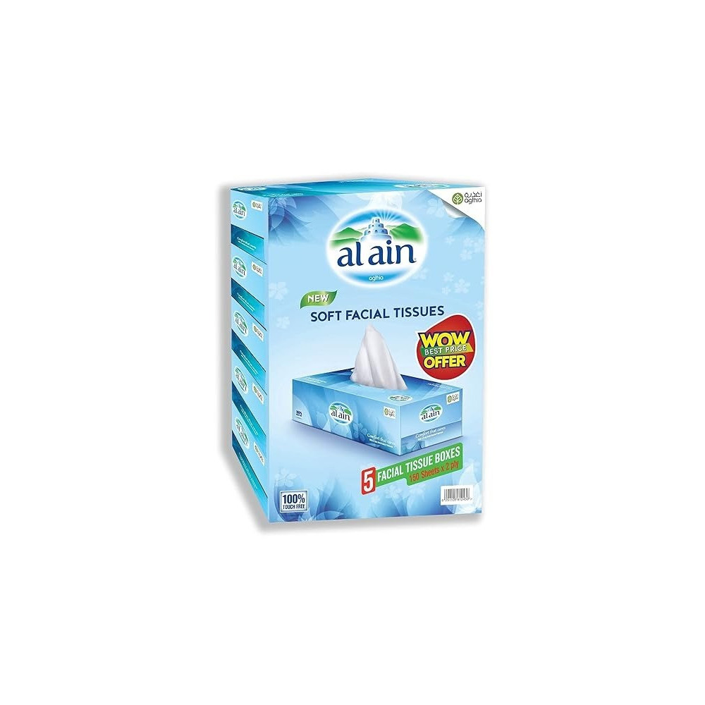 Al Ain Tissues 5 Facial Tissue Boxes, 150 X 2 Ply