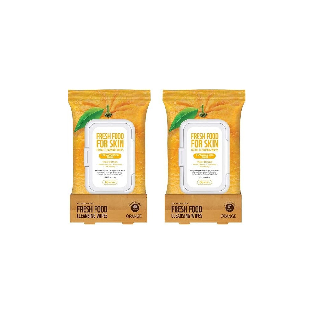 FARMSKIN Freshfood For Skin Facial Cleansing Wipes Makeup Daily Remover Orange for Normal Skin, 60 count (Pack of 2)