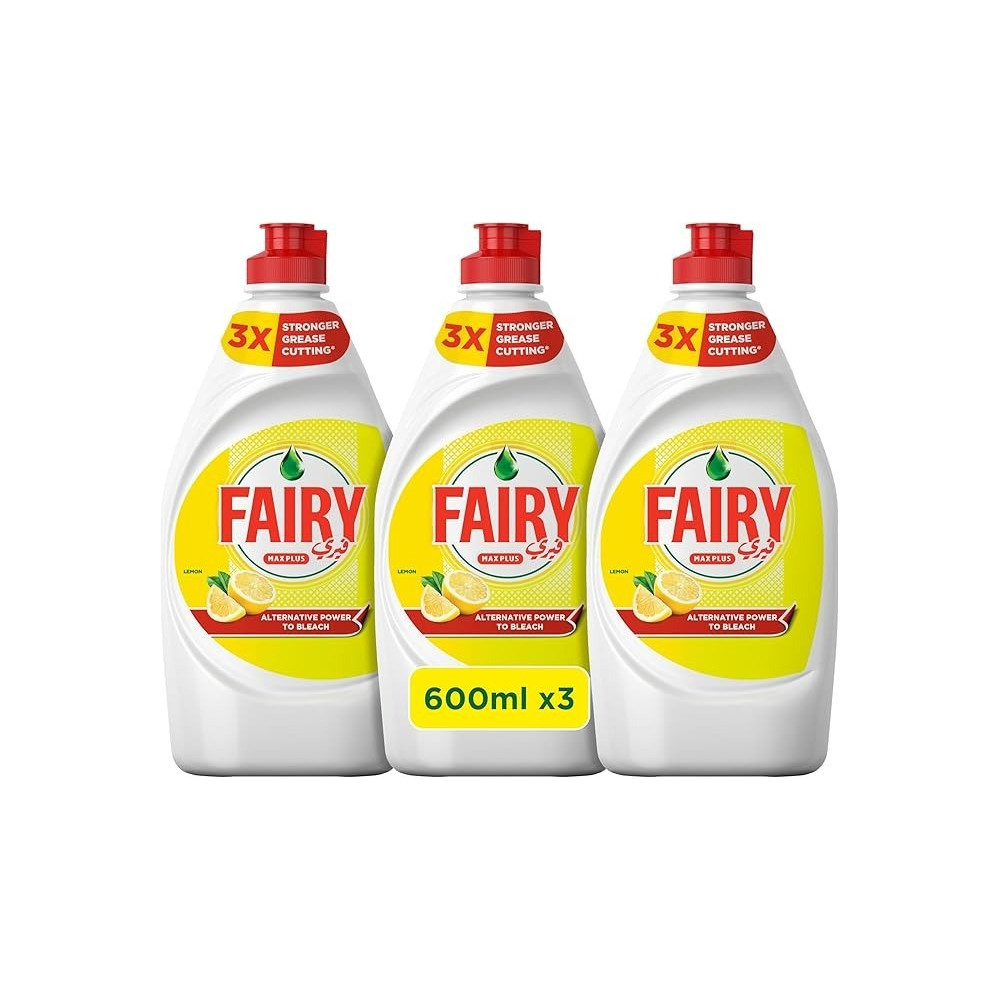 Fairy Max Plus Lemon Dishwashing Liquid With Bleach Alternative Power, Pack Of 3 x 600 ml