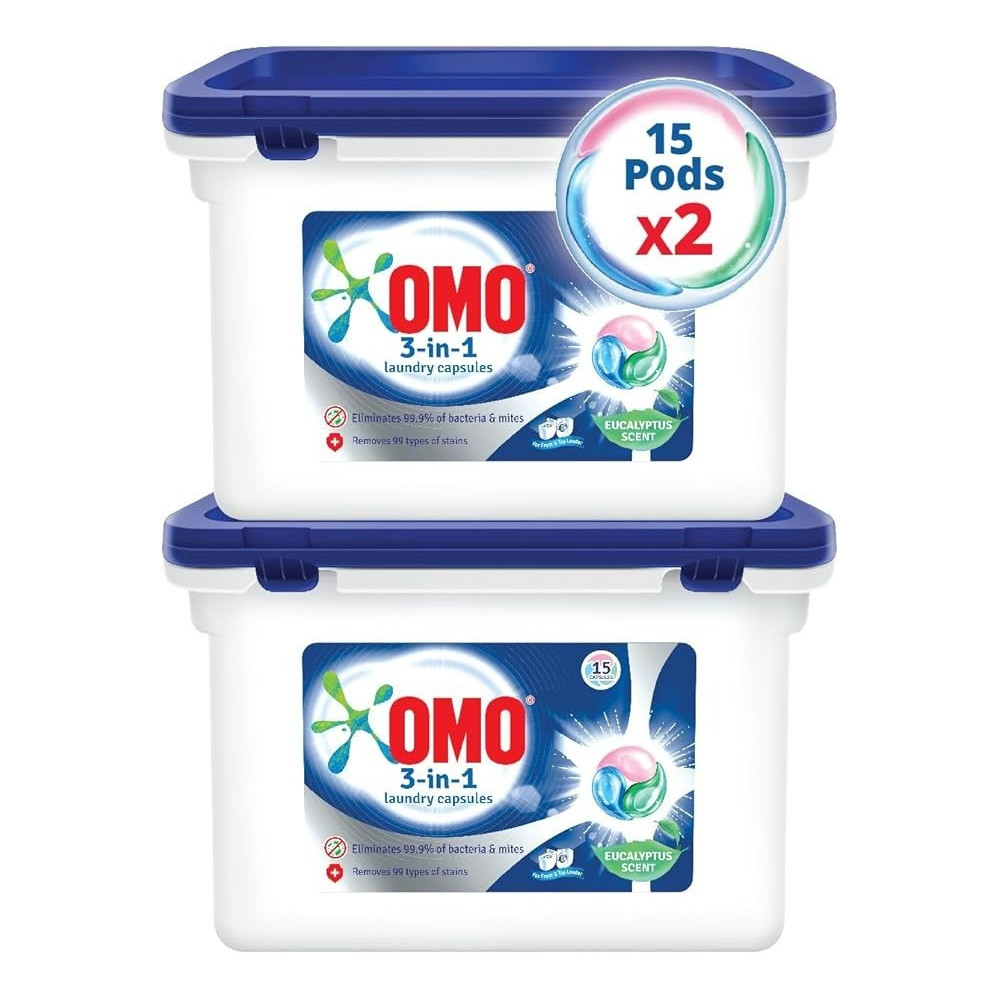 Omo 3-In-1 Laundry Capsules, Eucalyptus Stain Removal Detergent, 15 Pods, Pack Of 2