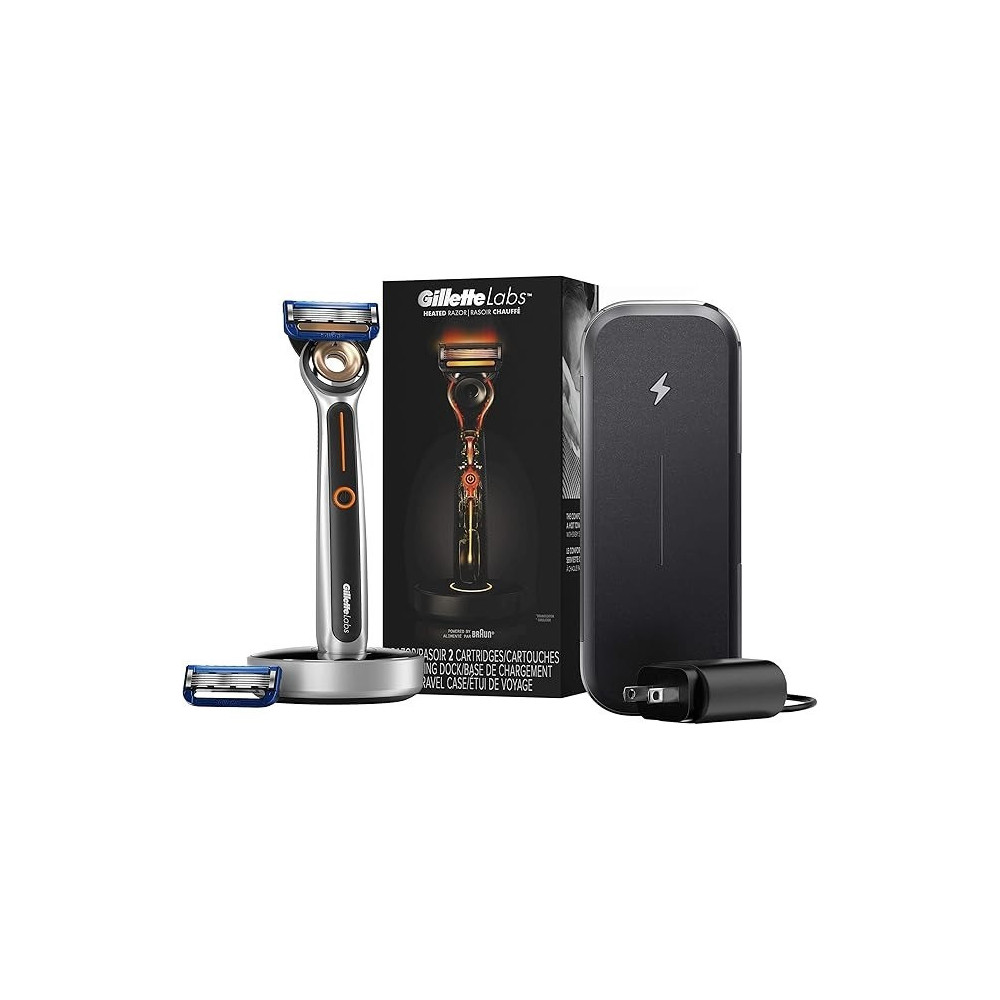 Gillette Heated Razor For Men, Deluxe Travel Shave Kit By Gillette Labs, 1 Handle, 2 Razor Blade Refills, 1 Charging Dock, 1 Charging Travel Case, Black