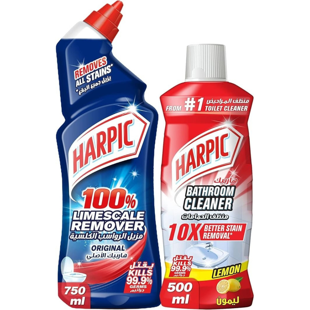 Harpic Toilet Cleaner Liquid Power Plus, Original, 750 Ml With Bathroom Cleaner, Lemon, 500 Ml