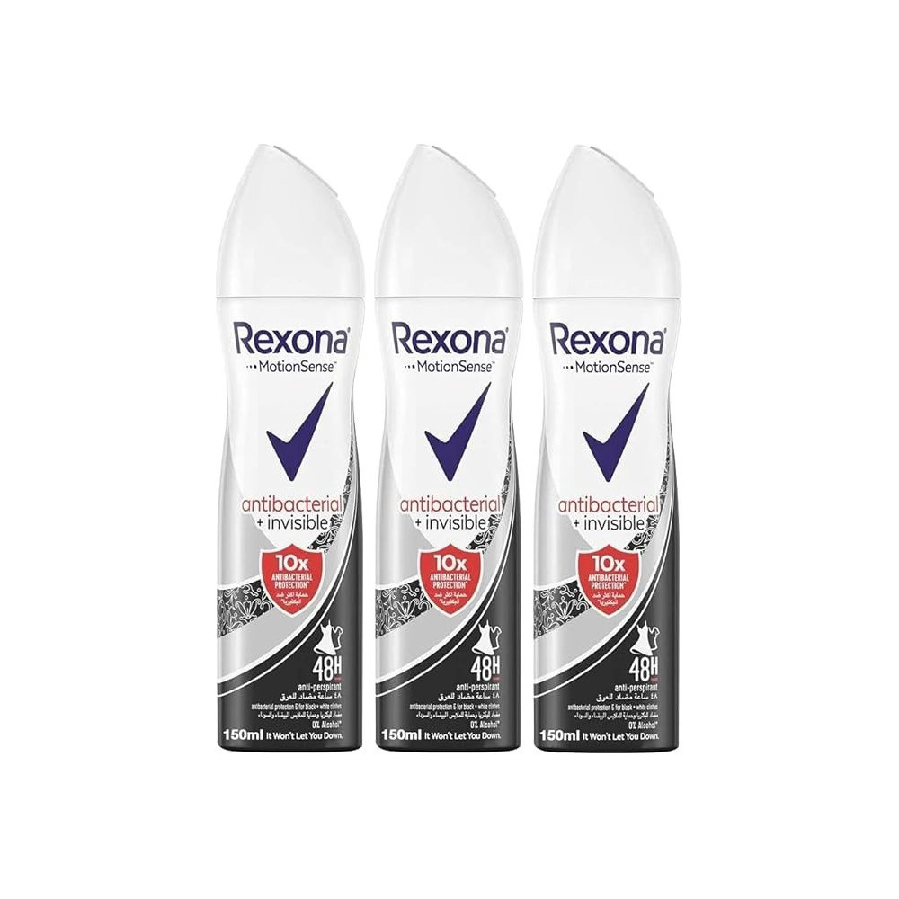 Rexona Women Antiperspirant Deodorant Antibacterial Plus Invisible, 150Ml, Pack Of 3