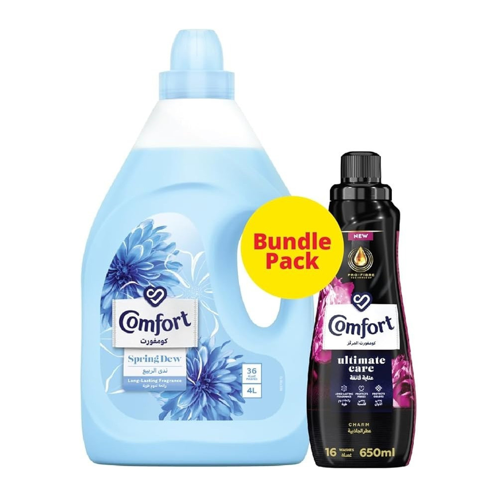 Comfort Concentrated Fabric Softener Spring Dew And Charm For Long-Lasting Fragrance, 4 Litre Plus 650 ml