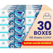 Fine Facial Tissue Boxes, 30 Box, 2 Ply x 130 Sheets, With Cotton Feel Tissues Suitable For All Skin Types And Any Event