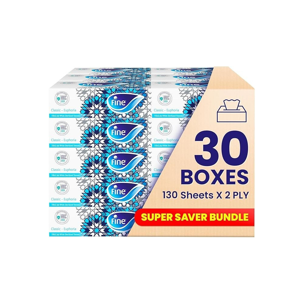 Fine Facial Tissue Boxes, 30 Box, 2 Ply x 130 Sheets, With Cotton Feel Tissues Suitable For All Skin Types And Any Event