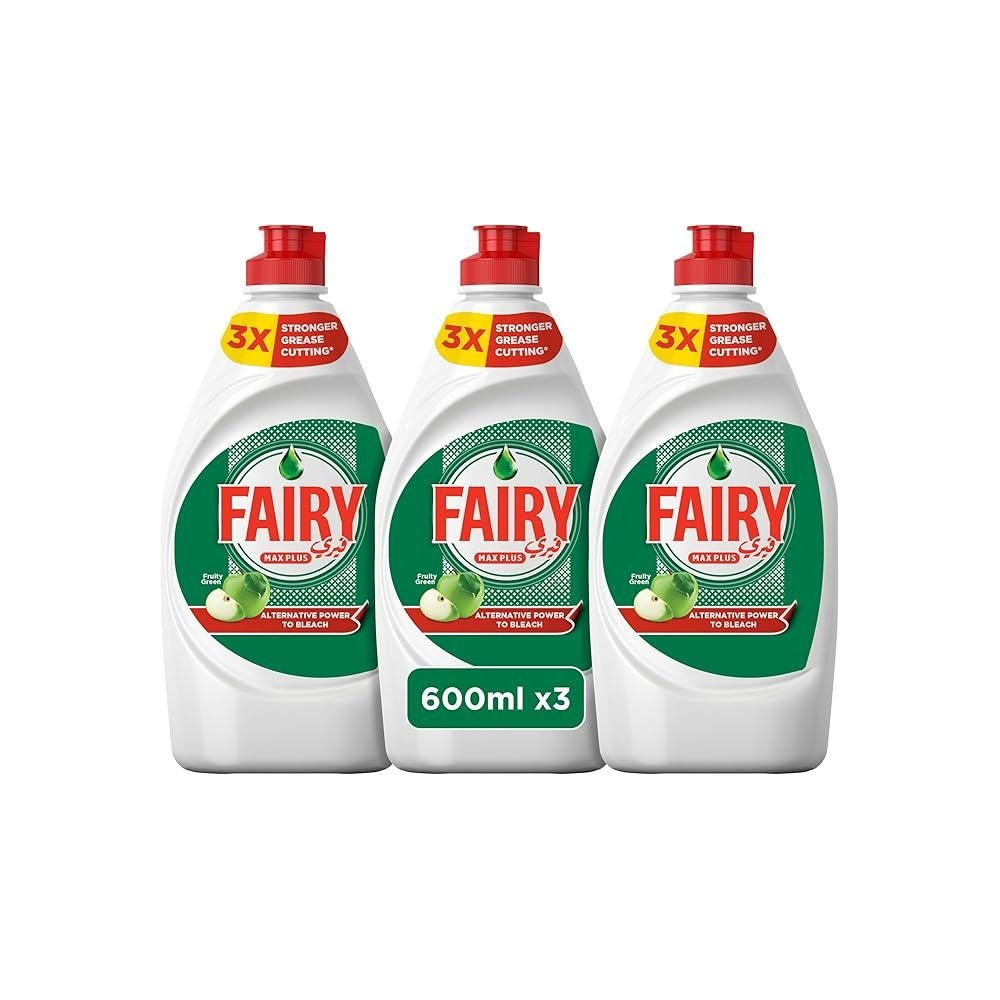 Fairy Max Plus Fruity Green Dishwashing Liquid Soap With Alternative Power To Bleach, 3 X 600Ml