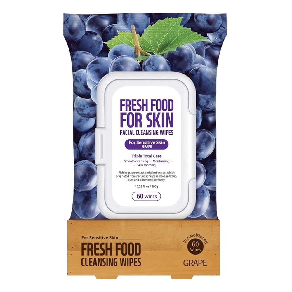 Farmskin Freshfood For Skin Facial Cleansing Wipes Makeup Daily Remover Grape For Sensitive Skin, 60 Count, Cruelty Free