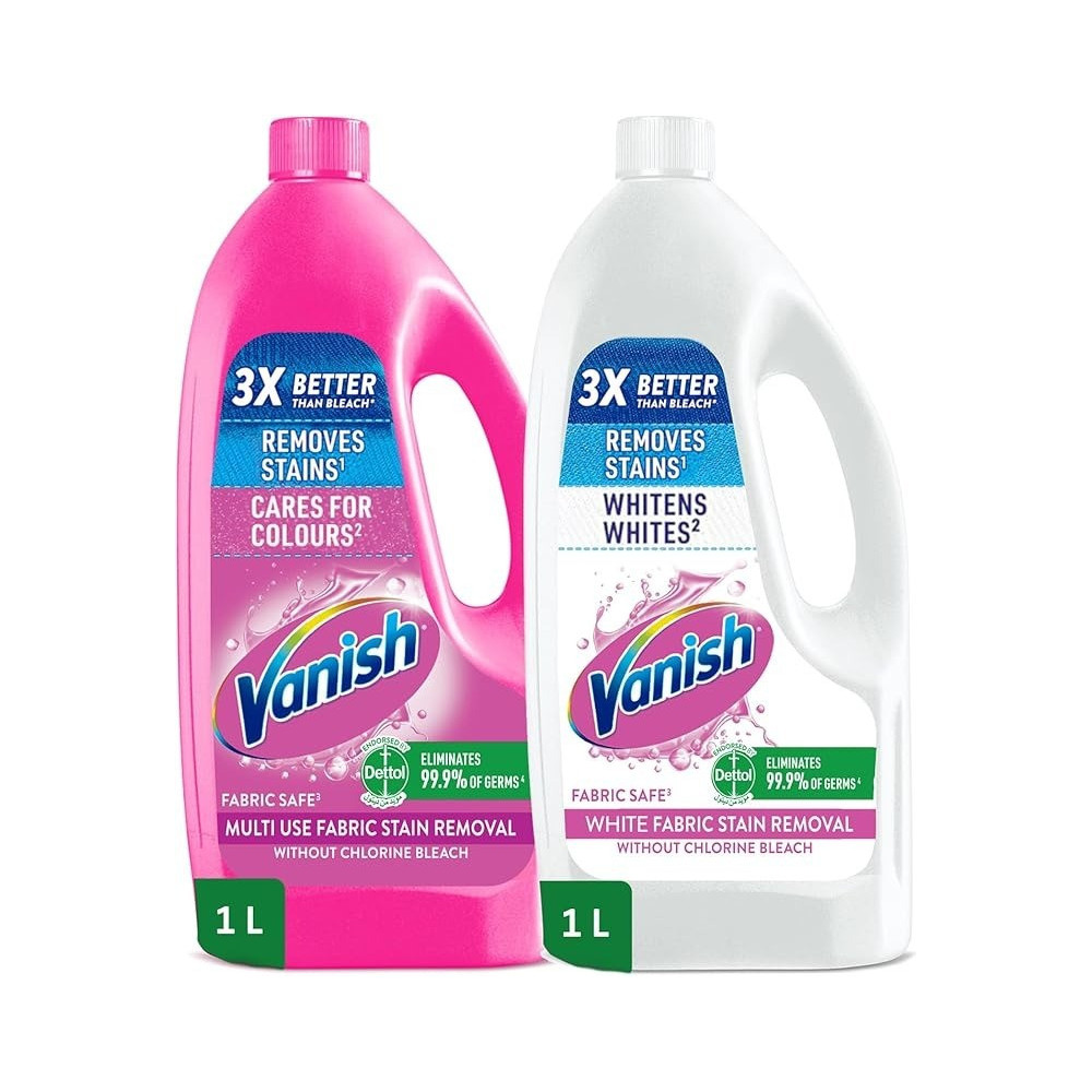 Vanish Crystal White Laundry Stain Remover Liquid For White Clothes 1L Plus Laundry Stain Remover Liquid For White And Colored Clothes 1L, Pack Of 2