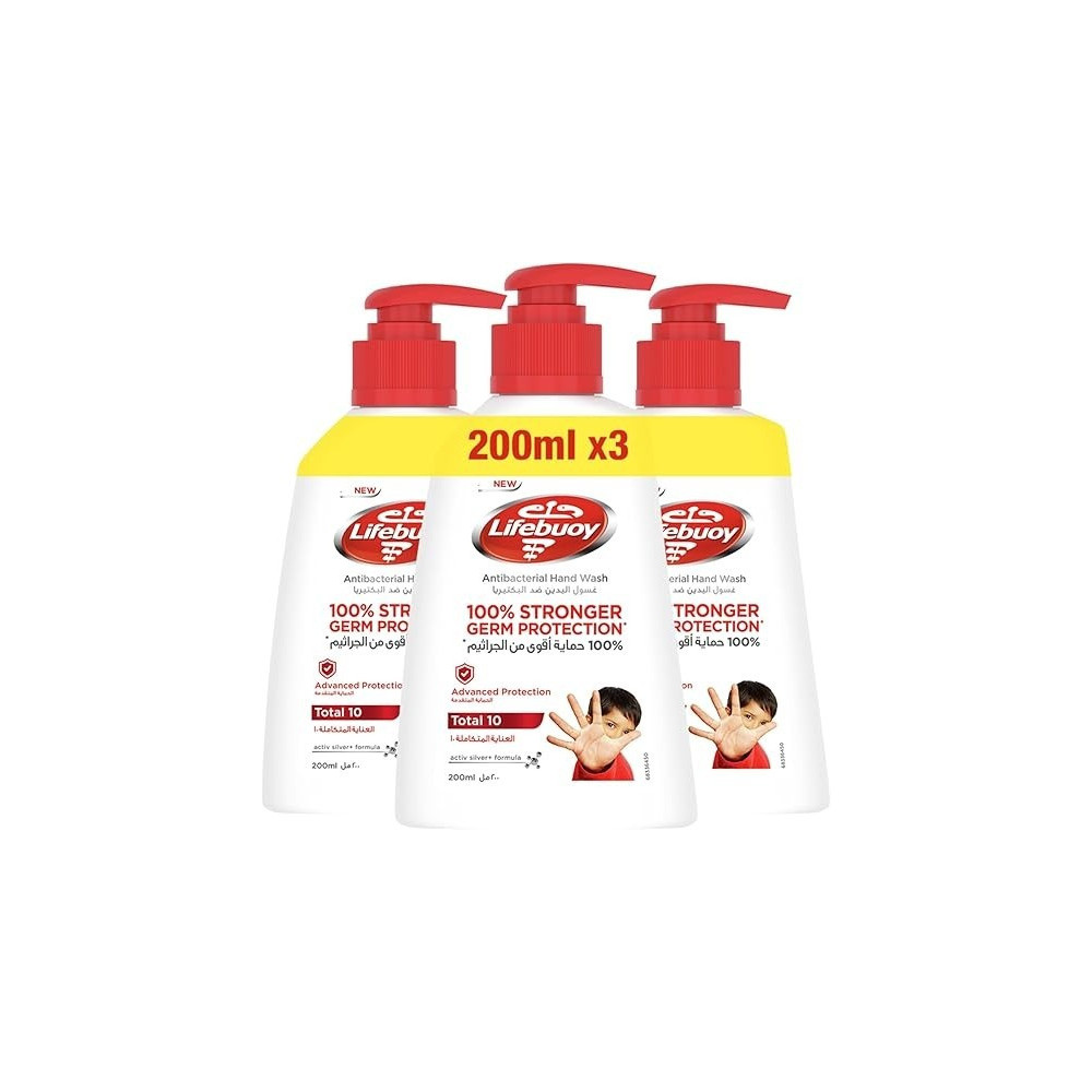 Lifebuoy Antibacterial Hand Wash, Total 10, For 100Percentage Stronger Germ Protection In 10 Seconds, 200Ml X 3