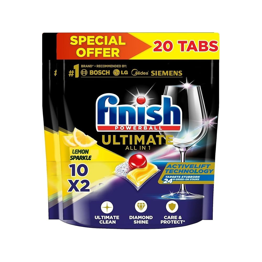 Finish Powerball Ultimate All In 1 Lemon Sparkle Dishwasher, 2 X 10 Tabs, Pack Of 2