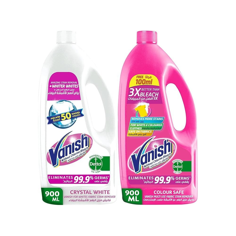 Vanish Colour Safe Fabric Stain Remover, 900Ml And Vanish Crystal White Fabric Stain Remover, 900Ml, Pack Of 2