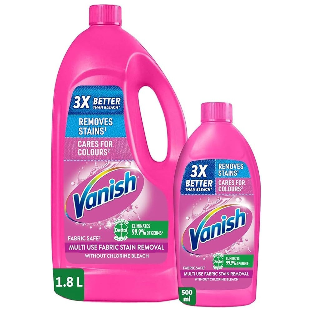 Vanish Laundry Stain Remover For Colored And White Clothes, 1.8 L Plus 500 Ml, Pink Liquid, Pack Of 2