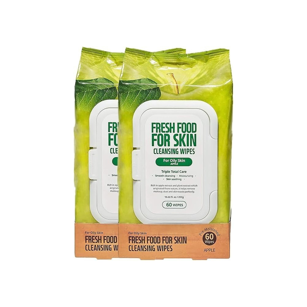 Farmskin Fresh Food For Skin Facial Cleansing Wipes Makeup Daily Remover Apple For Oily Skin, 60 Count, Pack Of 2