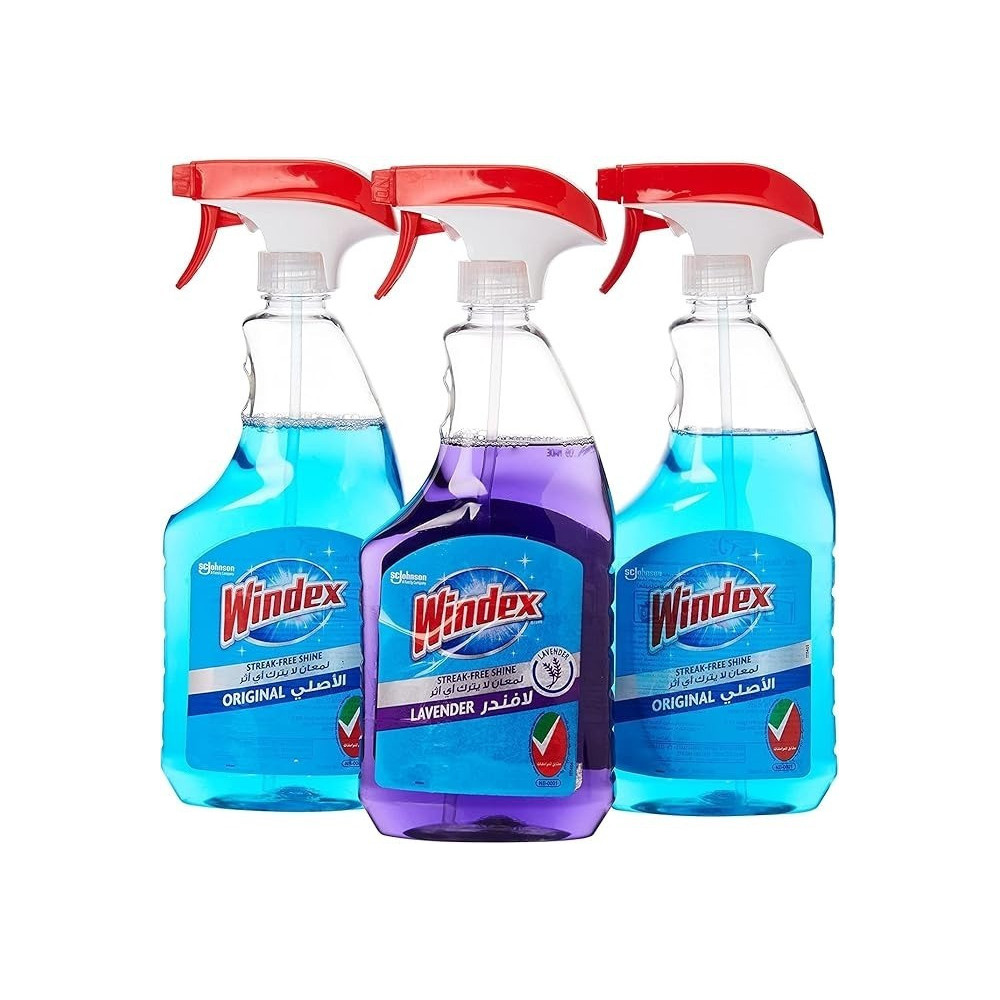 Windex Window And Glass Cleaner 2 X Original And 1 X Lavender, Streak Free Shine, Works On Smudges And Fingerprints, 3 X 750Ml