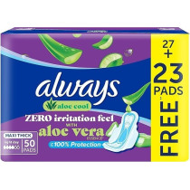 Always Aloe Cool Disposable Pads With Aloe Vera Essence For Light Days For Zero Irritation Feel, Long Maxi Thick Pads With Wings, 50 Pads