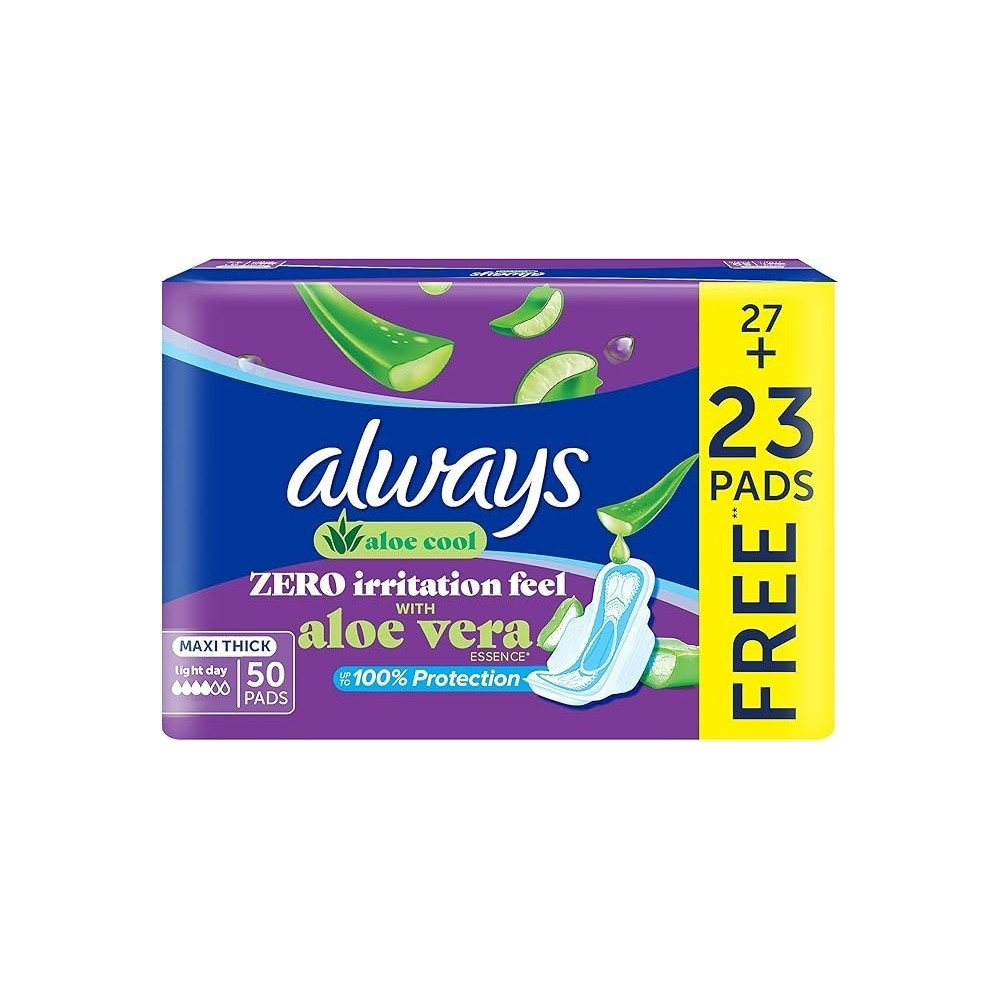 Always Aloe Cool Disposable Pads With Aloe Vera Essence For Light Days For Zero Irritation Feel, Long Maxi Thick Pads With Wings, 50 Pads