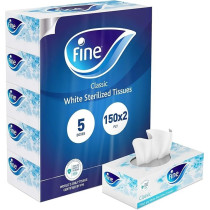Fine, Sterilized, Facial Tissues, Classic Euphoria, 150 x 2 Ply White Tissues, Pack of 5 Boxes, 750 Tissues