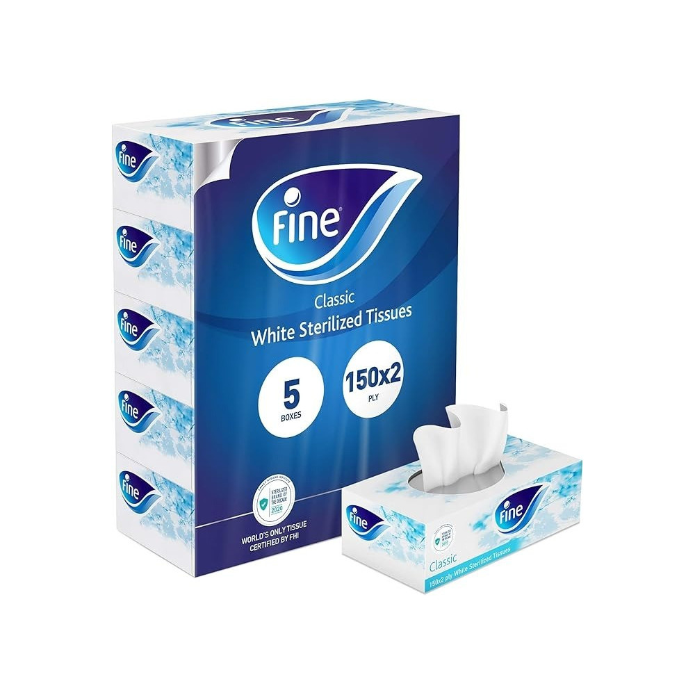 Fine, Sterilized, Facial Tissues, Classic Euphoria, 150 x 2 Ply White Tissues, Pack of 5 Boxes, 750 Tissues