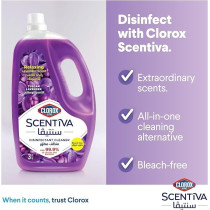 Clorox Scentiva Disinfectant Floor Cleaner, Tuscan Lavender, Kills 99.9% of Viruses and Bacteria, Bleach Free, 3 Liter