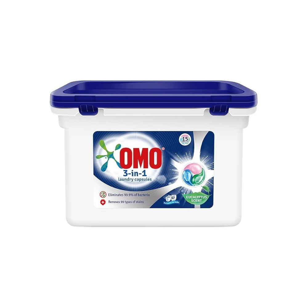 OMO 3-in-1 Laundry Capsules, Eucalyptus Stain Removal Detergent, 15 pods