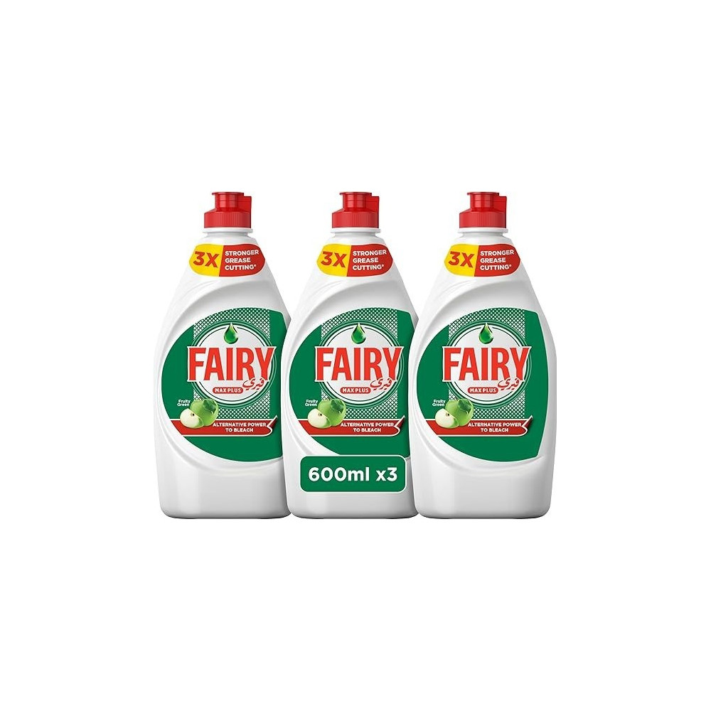 Fairy Max Plus Fruity Green Dishwashing Liquid Soap With Alternative Power To Bleach, 3 x 600ml