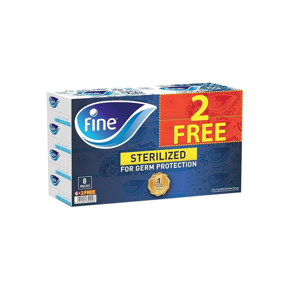 Fine Baby Classic Euphoria, Soft, Sterilized, Facial Tissues, 130 x 2Ply, Pack of 6 Plus 2 Free Boxes, Total of 1040 Tissues, White