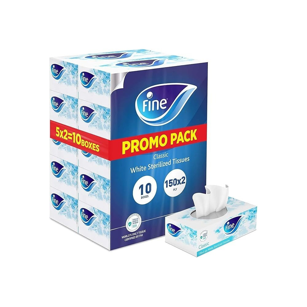 Fine Sterilized Facial Tissues, Classic, 150 X 2 Ply White Tissues, Pack Of 10