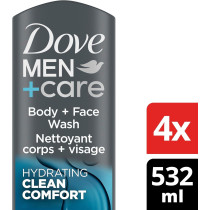Dove Men+Care Body And Face Wash Clean Comfort For Healthier And Stronger Skin Effectively Washes Away Bacteria While Nourishing Your Skin, 4 X 532 Ml