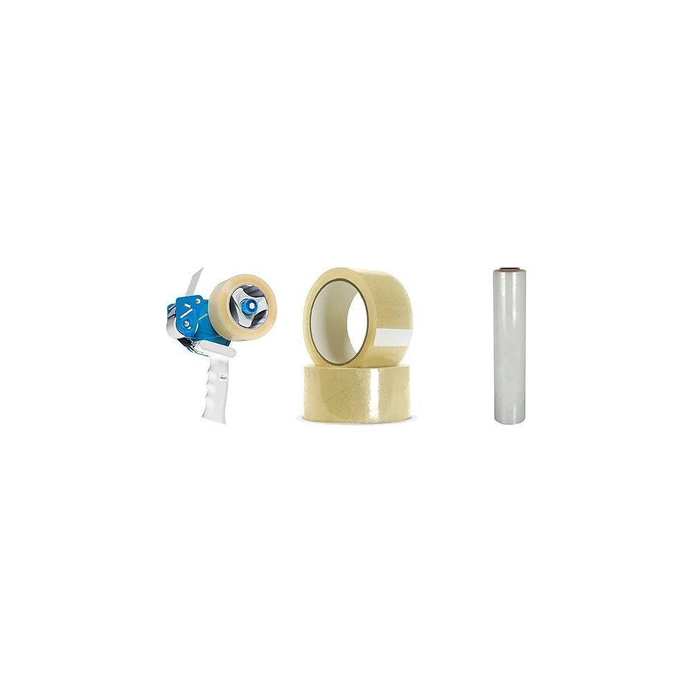Abbas Ali Packaging Kit: Tape Dispenser, 2 Clear Tapes, 100 Yards each, and Stretch Film