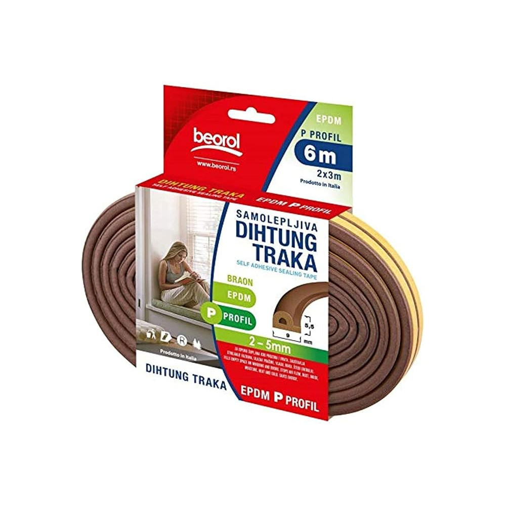 Beorol Self Adhesive P Profile Window and Door Sealing Tape, Brown, 6m, EPDM Material
