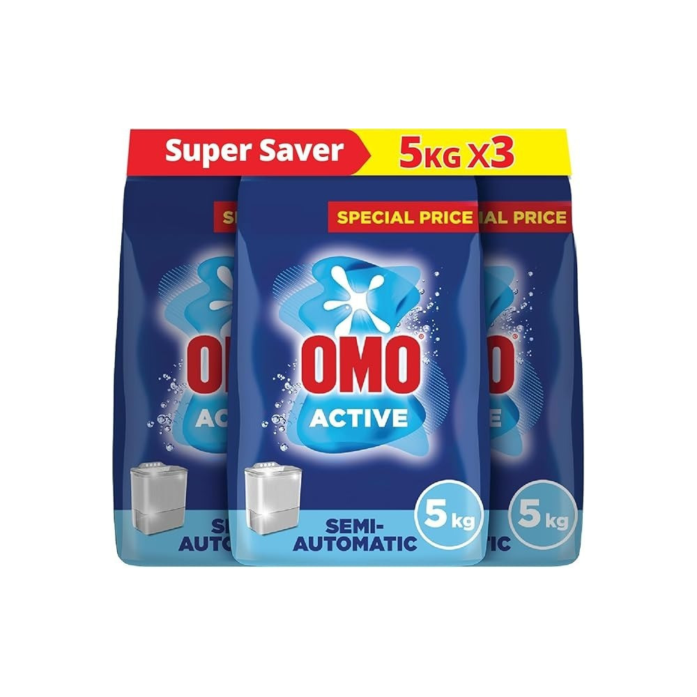 Omo Semi-Automatic Powder Laundry Detergent, Active, 100 Percentage Stain Removal, 5Kg X 3