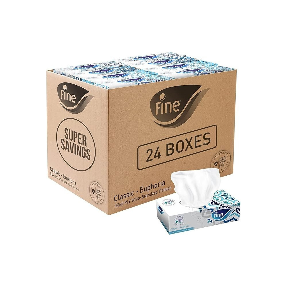 Fine Classic Euphoria Facial Tissue 150 Sheets X 2 Ply, Bundle Of 24. Fine Variety Sterilized Tissues For Germ Protection