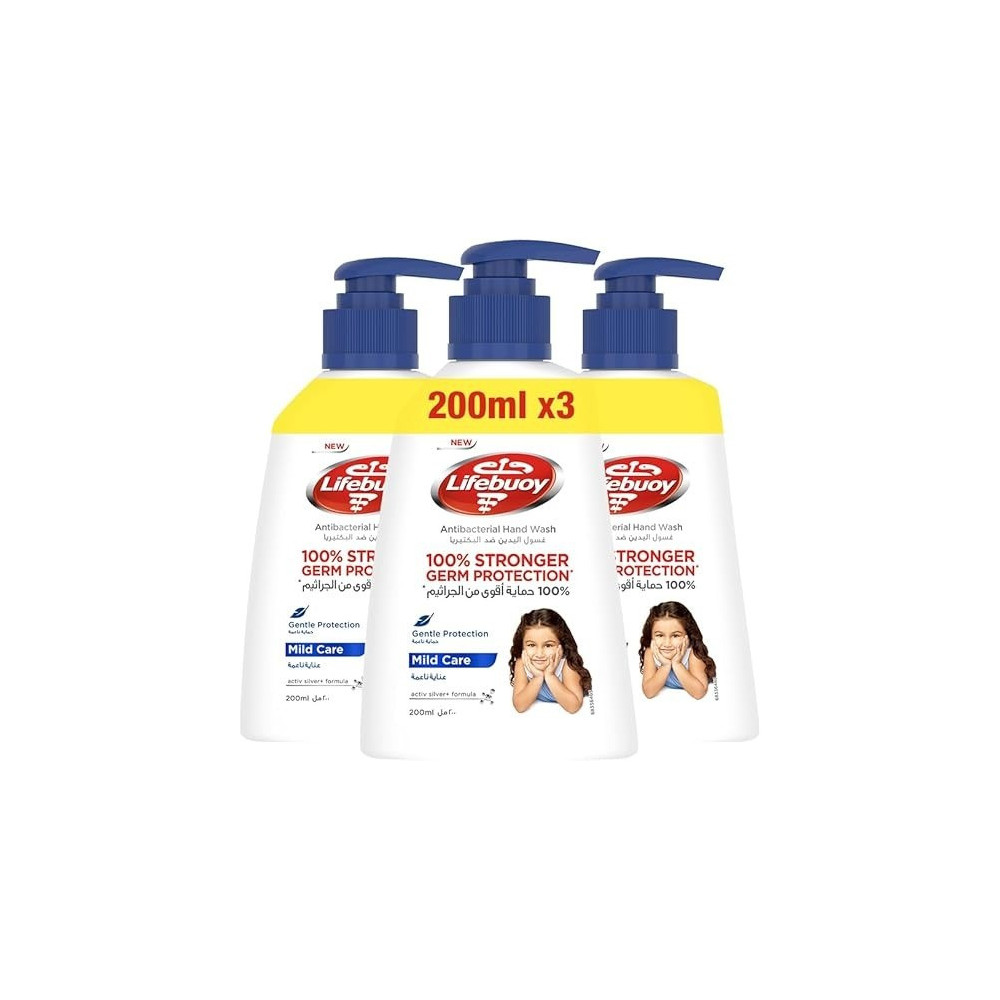 Lifebuoy Antibacterial Hand Wash, Mild Care For 100 Percentage Stronger Germ Protection And Hygiene, 200Ml X 3